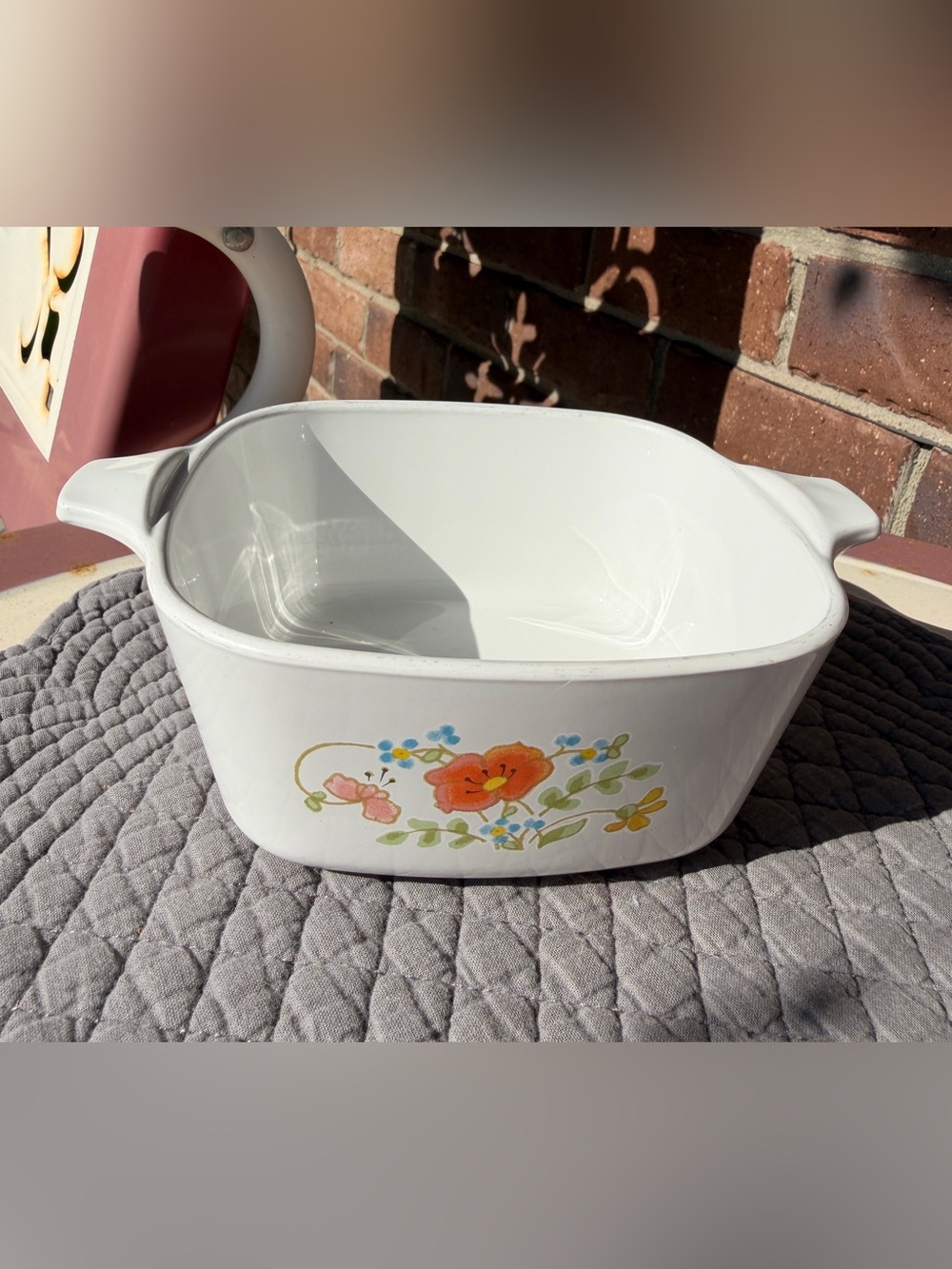 Vintage Corningware White Casserole Dish with Orange Floral Pattern